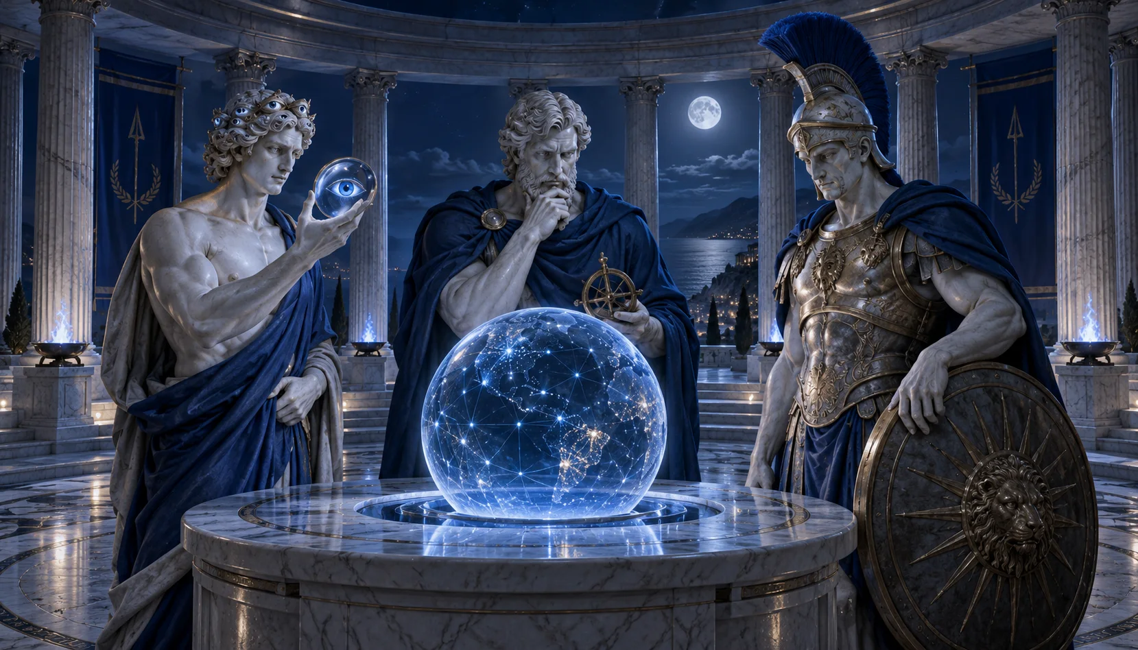 Odysseus, Argus e Ares in marmo osservano una sfera blu con una rete di collegamenti in una sala circolare.