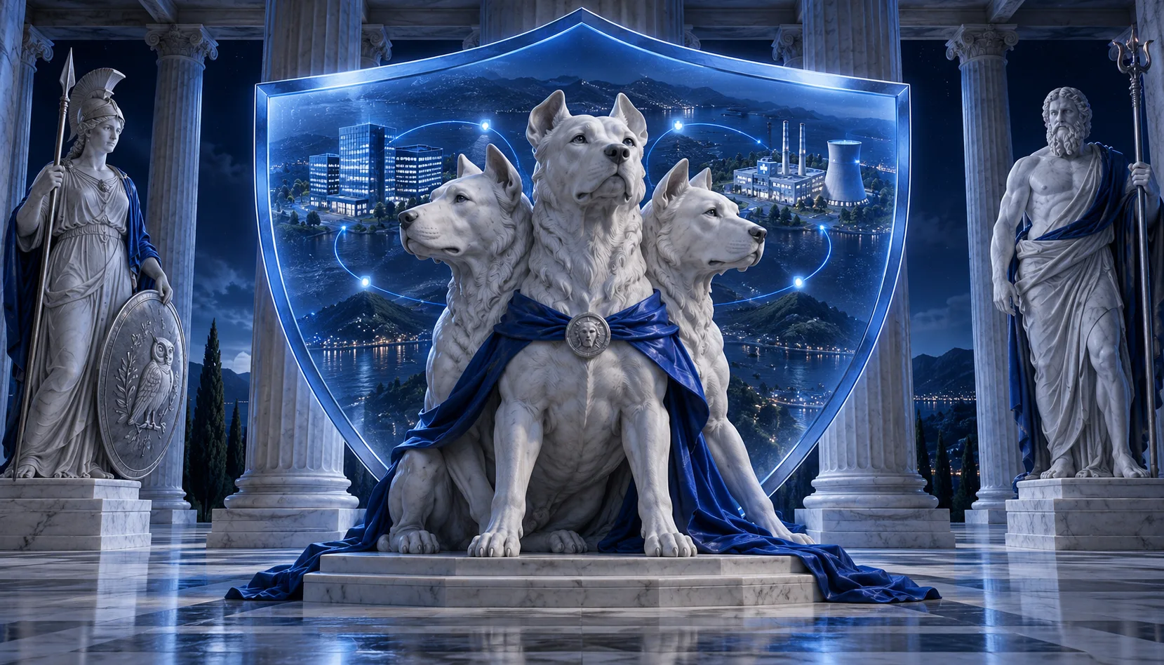 Cerberus in marmo davanti a uno scudo blu che racchiude uffici, un ospedale e un impianto industriale.