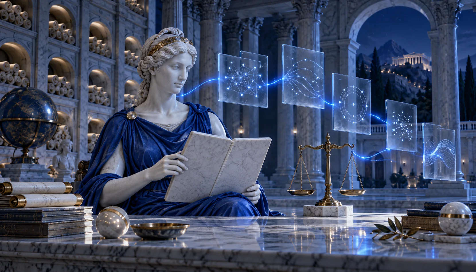 Mnemosyne consulta un libro di marmo in un archivio, accanto a una bilancia e a pannelli luminosi collegati.