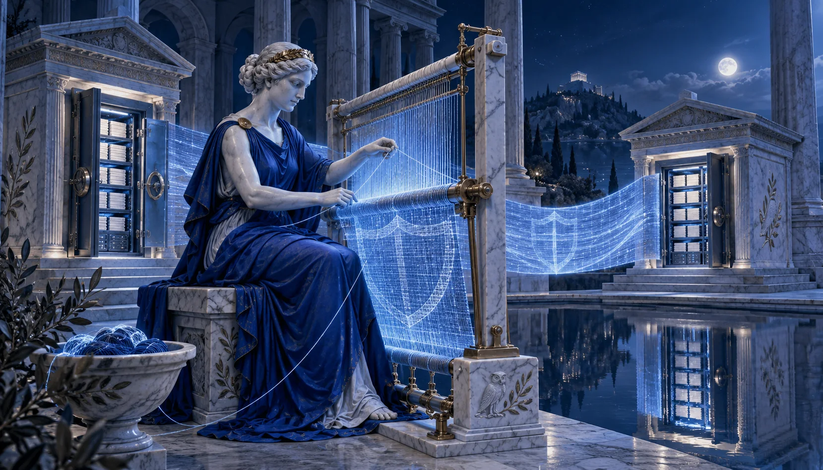 Penelope intreccia fili luminosi blu su un telaio tra due archivi protetti.