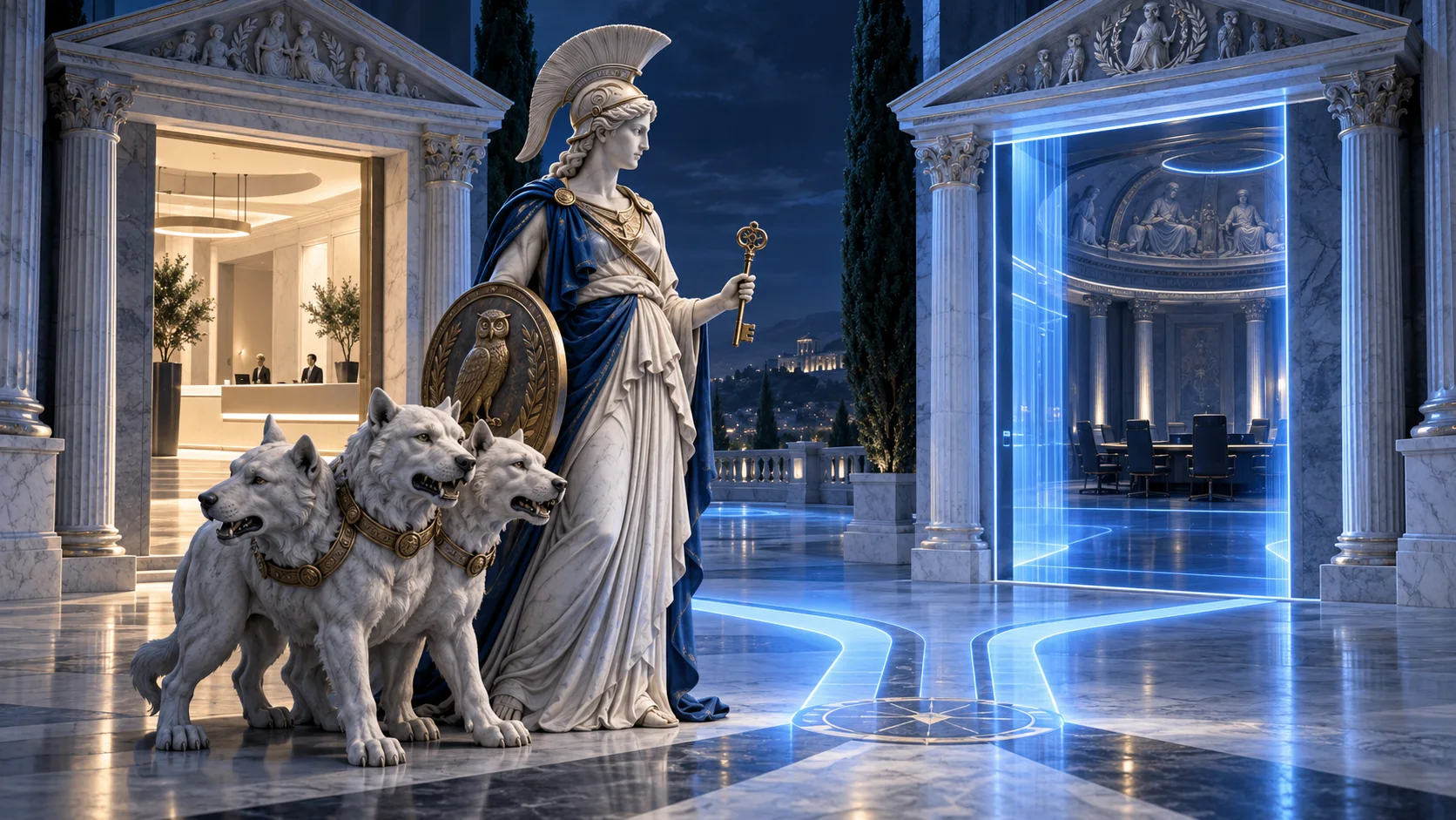 Athena con una chiave e Cerberus sorvegliano due accessi separati da una barriera luminosa blu.