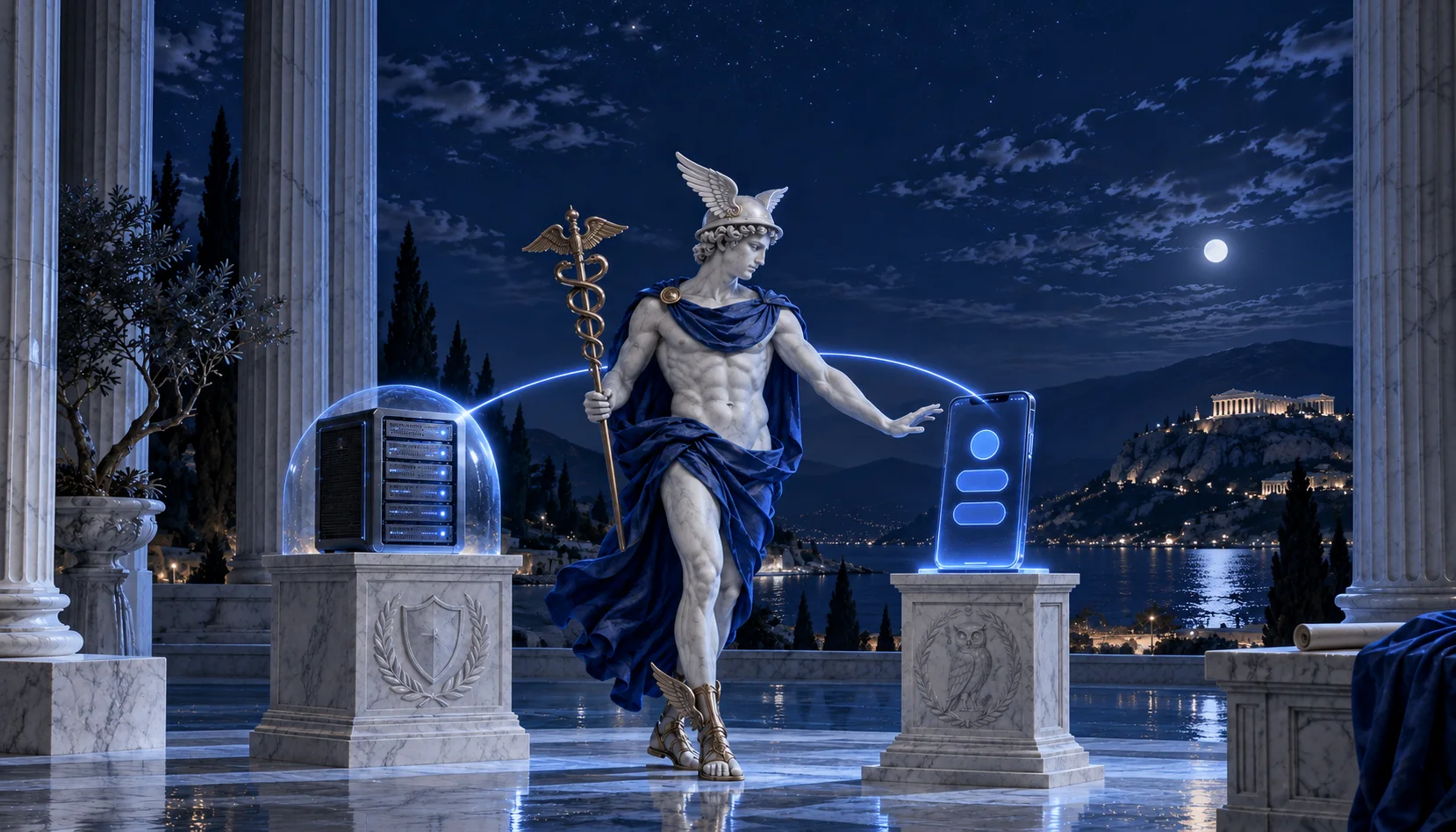 Hermes collega un server protetto a uno smartphone e tende la mano verso lo schermo senza premere.