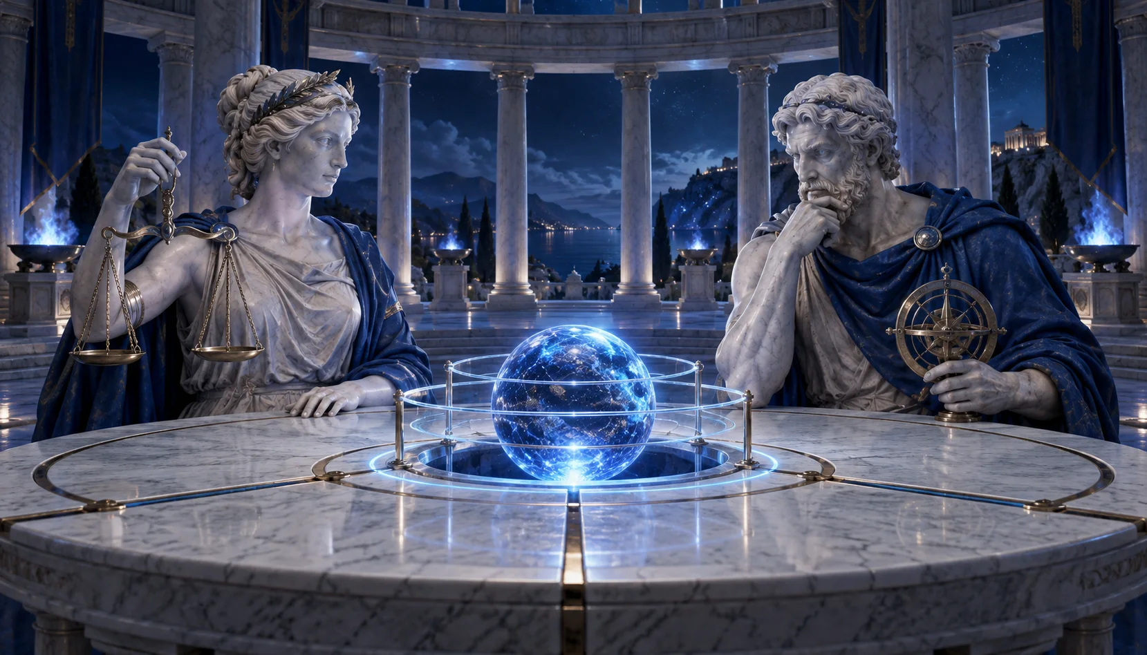 Themis e Odysseus osservano una sfera blu racchiusa da anelli trasparenti su un tavolo di marmo.