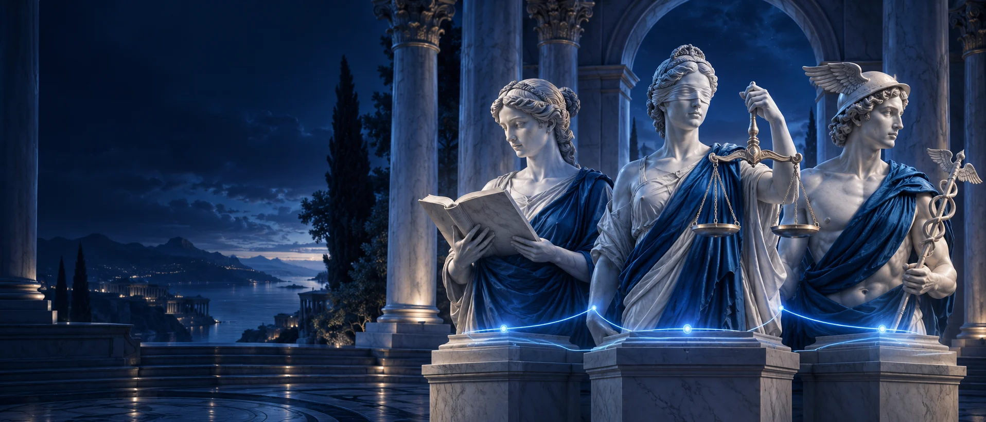 Themis con la bilancia, Mnemosyne con il libro e Hermes in un tempio di marmo illuminato di blu